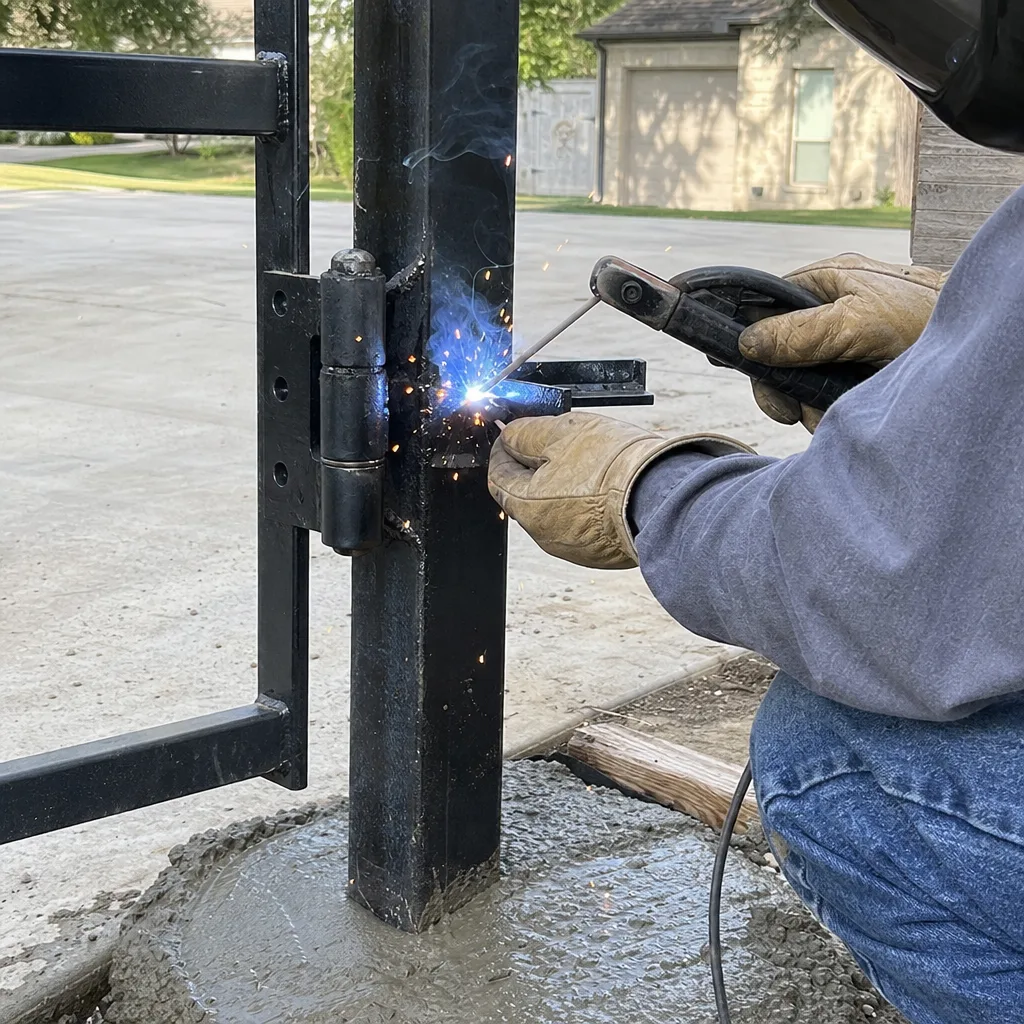 Professional welder performing metal gate installation and hinge repair work.