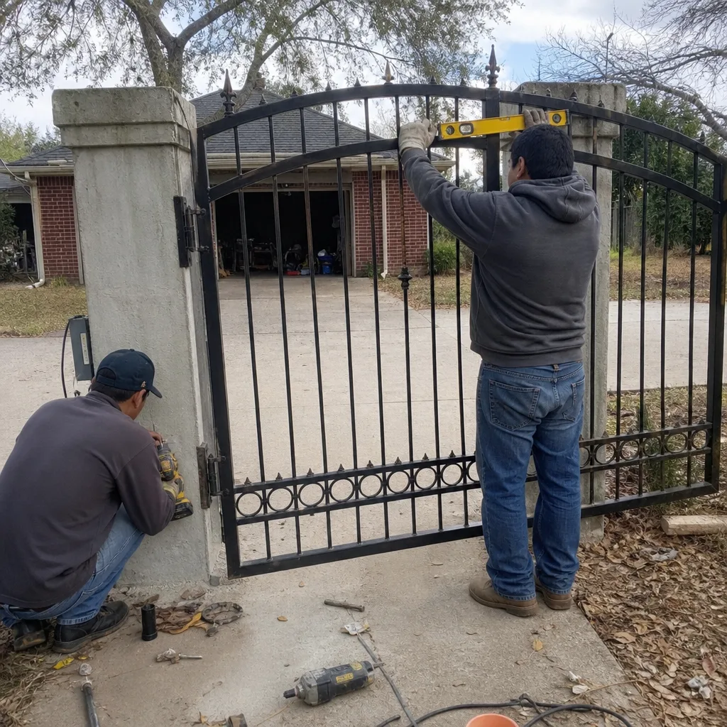 Two technicians installing and leveling a black metal residential driveway gate.