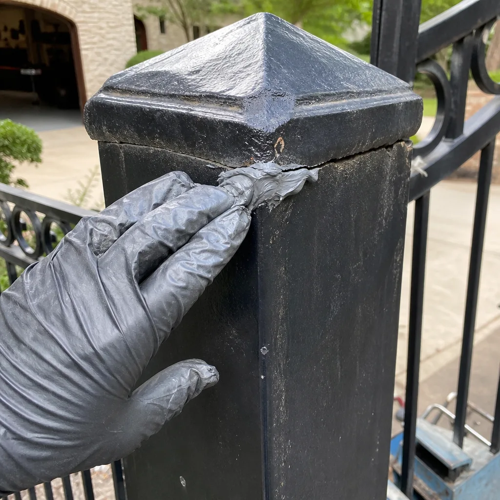 Professional gate repair technician applying sealant to a metal post crack